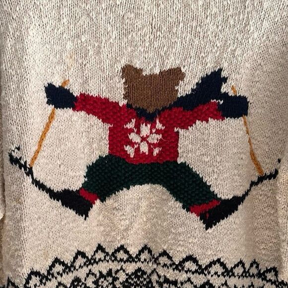 Vintage 1990s Marsh Landing Hand Knit Chunky Intarsia Skiing Bear Sweater Sz Med - Picture 4 of 7